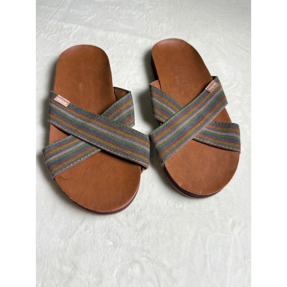Feelgoodz Zensole Multi Color Rainbow Stripe Woven Crisscross Slide Sandals